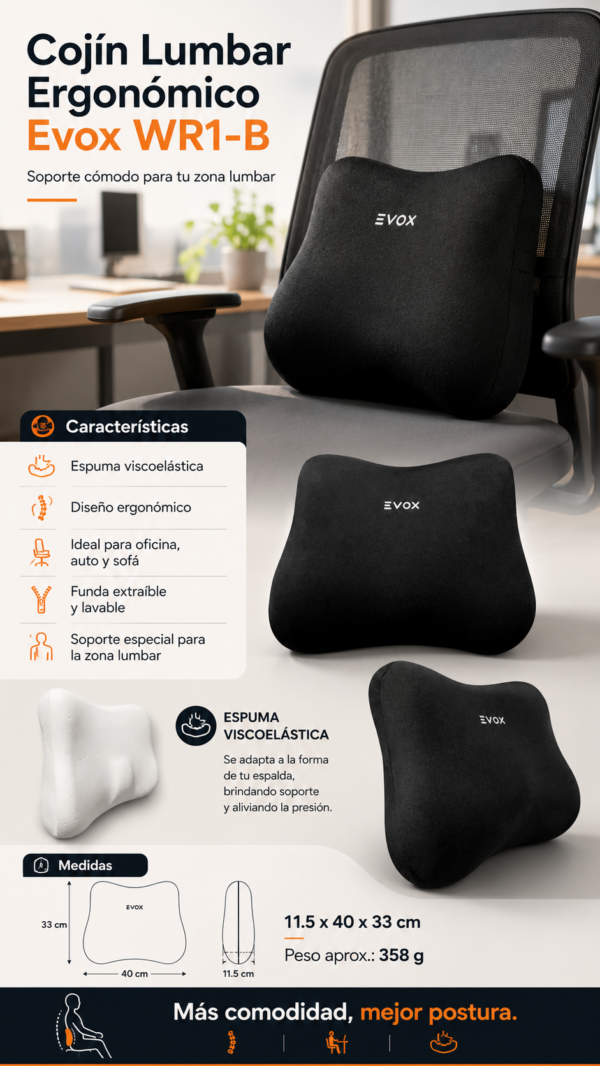 Cojín Lumbar Ergonómico Evox WR1-B Negro