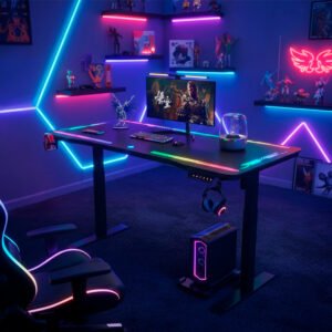Escritorio Eléctrico Gamer Y109 Superficie de Vidrio Templado con Luces RGB y Altura Ajustable