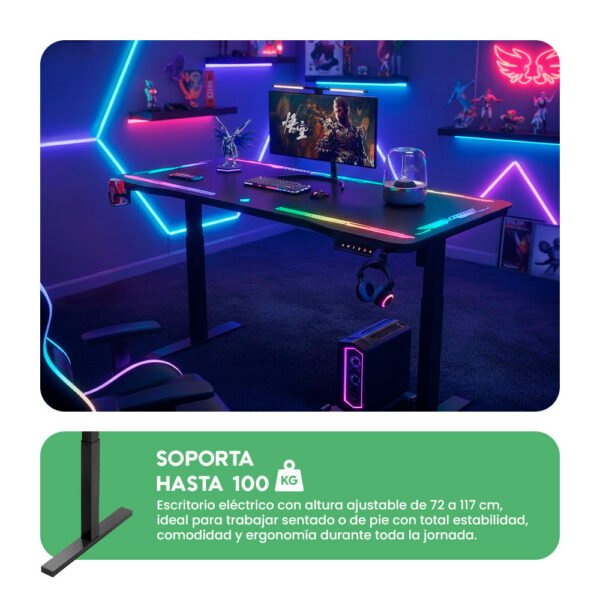 Escritorio Eléctrico Gamer Y109 Superficie de Vidrio Templado con Luces RGB y Altura Ajustable
