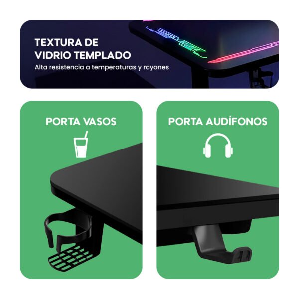 Escritorio Eléctrico Gamer Y109 Superficie de Vidrio Templado con Luces RGB y Altura Ajustable