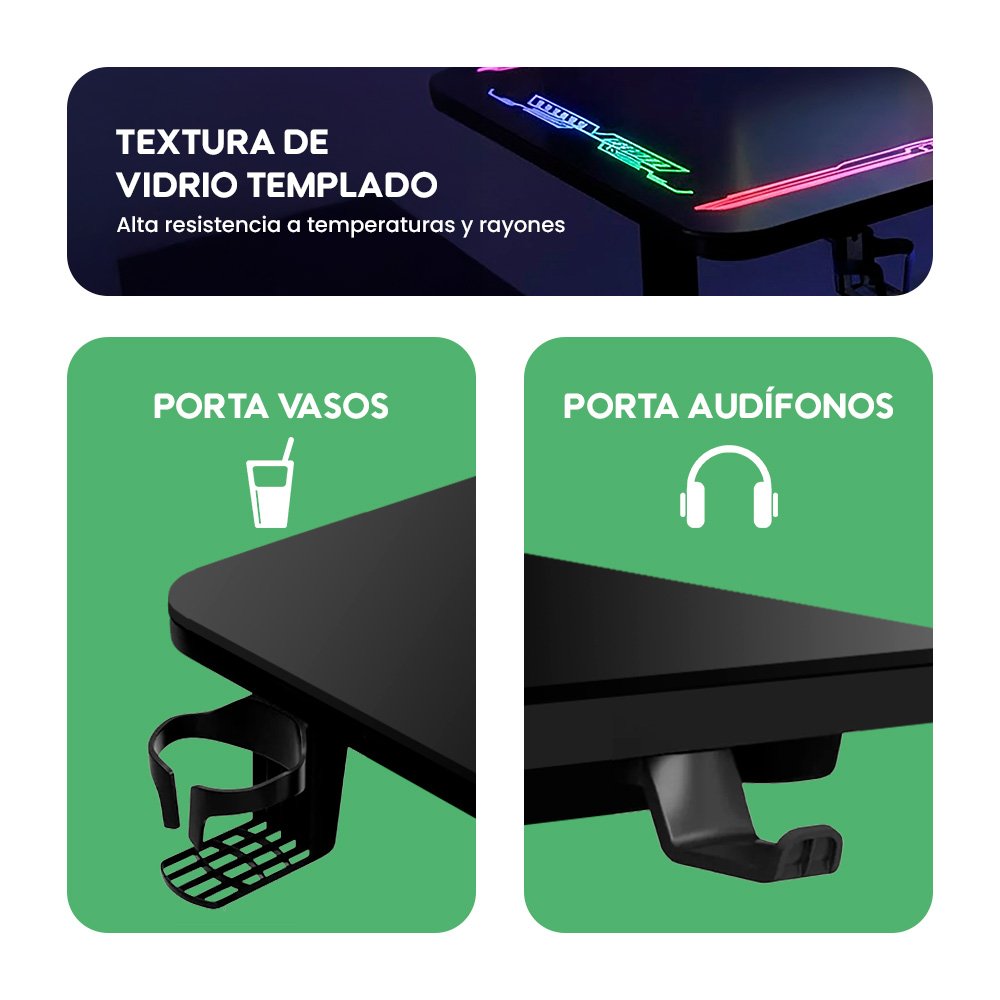 Escritorio Eléctrico Gamer Y109 Superficie de Vidrio Templado con Luces RGB y Altura Ajustable