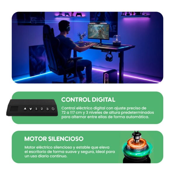 Escritorio Eléctrico Gamer Y109 Superficie de Vidrio Templado con Luces RGB y Altura Ajustable