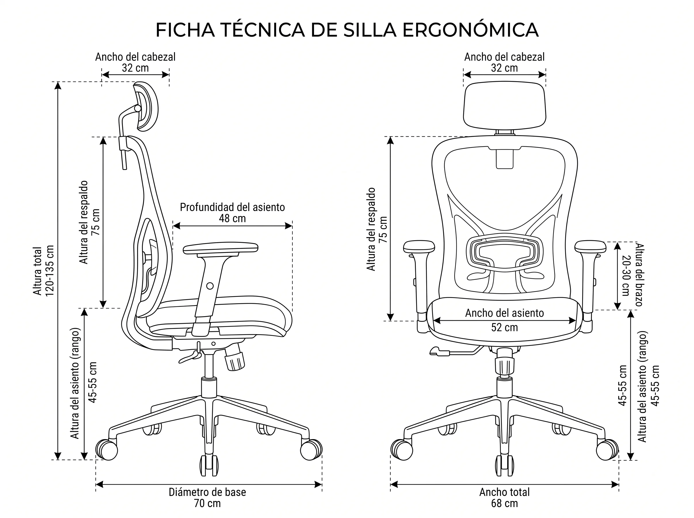 Silla Ergonomica Evox Ajustable — diagrama de dimensiones