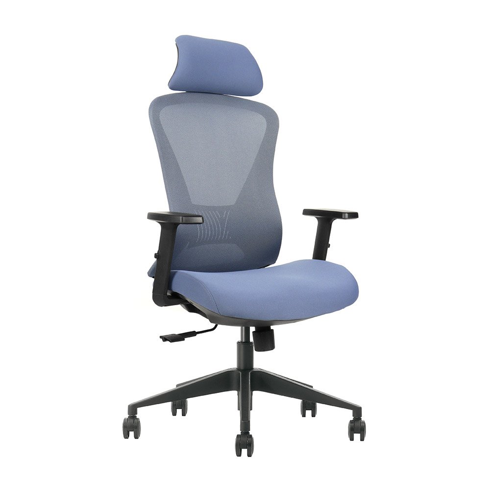 GK2 > Silla ergonómica ejecutiva azul con soporte lumbar regulable y reclinación 120°