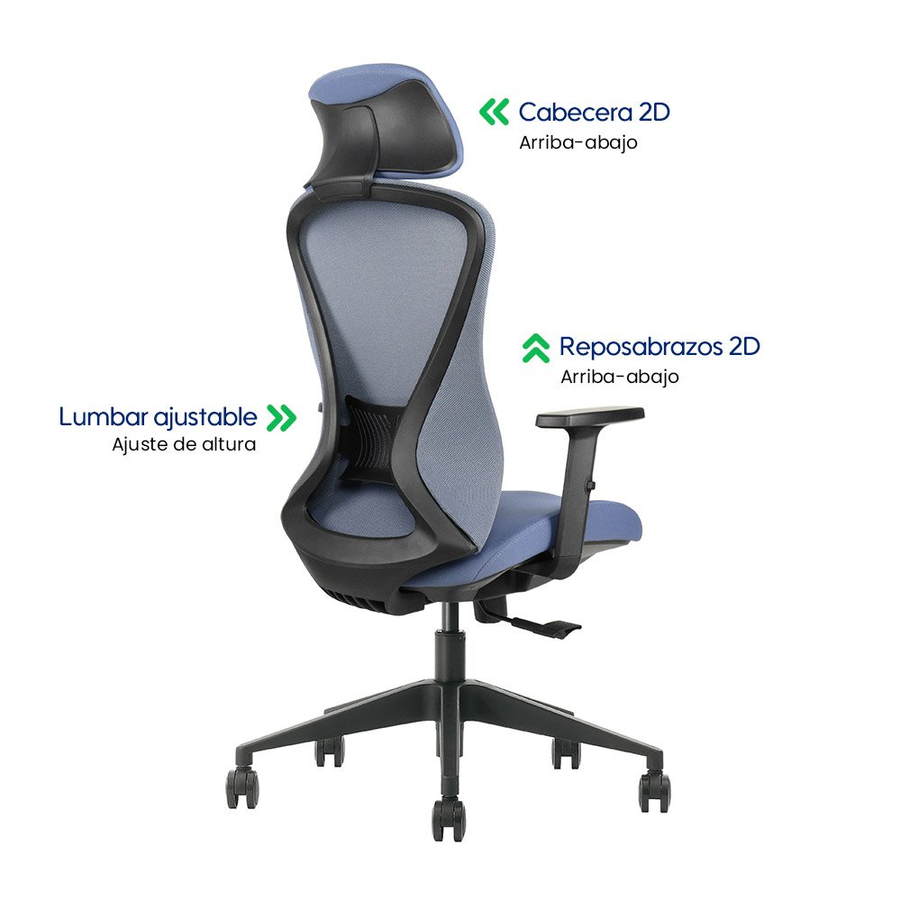 GK2 > Silla ergonómica ejecutiva azul con soporte lumbar regulable y reclinación 120°