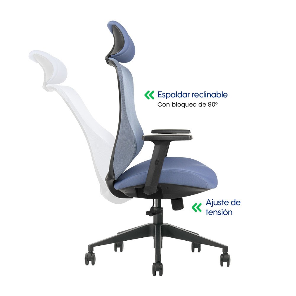 GK2 > Silla ergonómica ejecutiva azul con soporte lumbar regulable y reclinación 120°