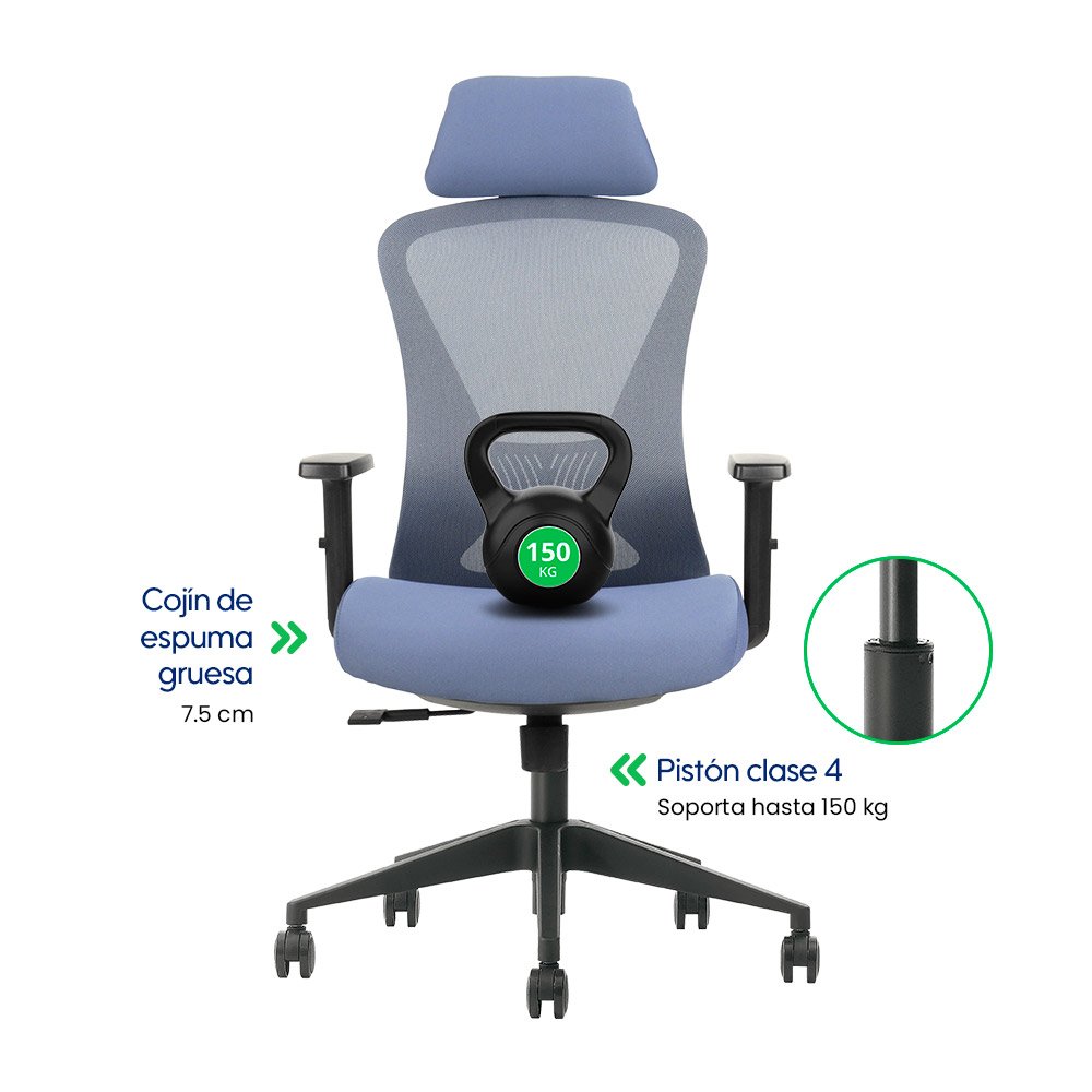 GK2 > Silla ergonómica ejecutiva azul con soporte lumbar regulable y reclinación 120°