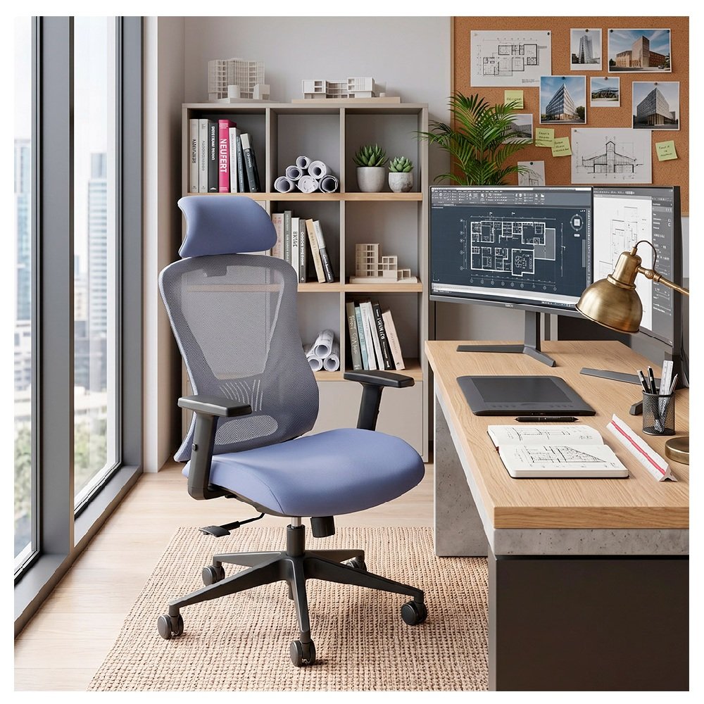 GK2 > Silla ergonómica ejecutiva azul con soporte lumbar regulable y reclinación 120°