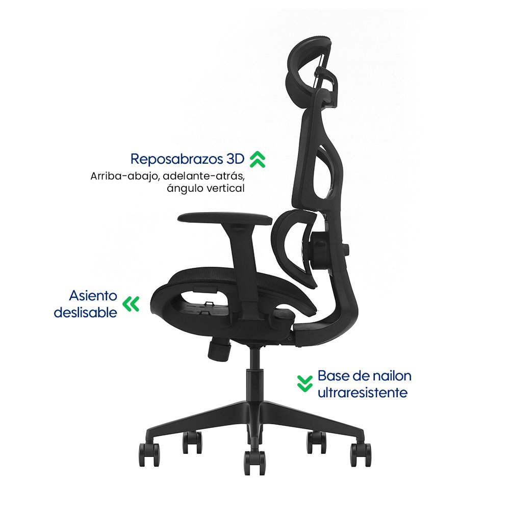 FLUX > Silla Ergonómica Ejecutiva Full Mesh con Doble Soporte Lumbar y Asiento Deslizante