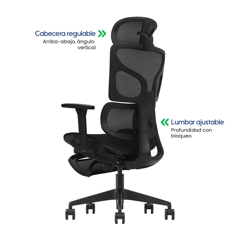 Flux > Silla Ergonómica Ejecutiva Full Mesh con Doble Soporte Lumbar y Reposapiés