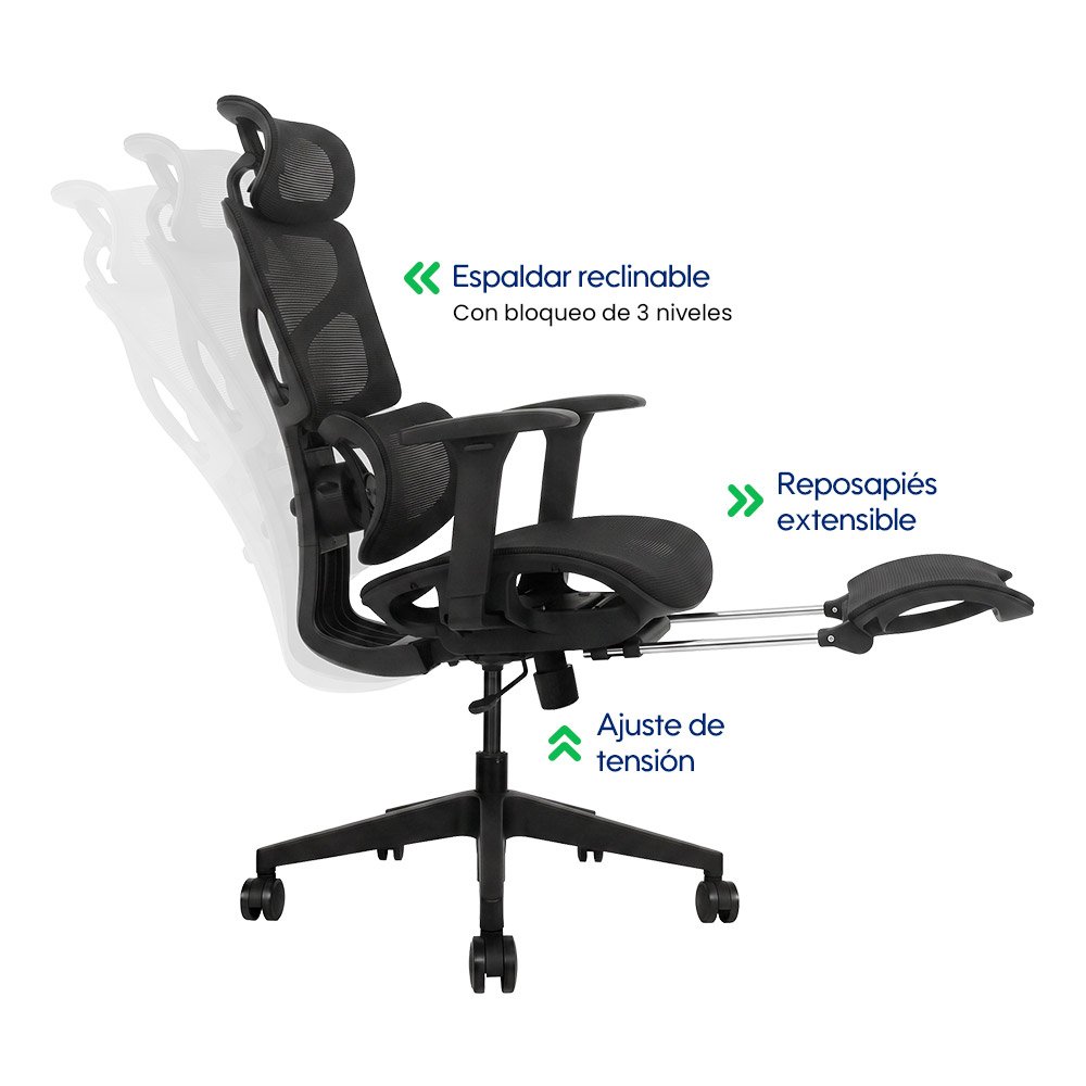 Flux > Silla Ergonómica Ejecutiva Full Mesh con Doble Soporte Lumbar y Reposapiés