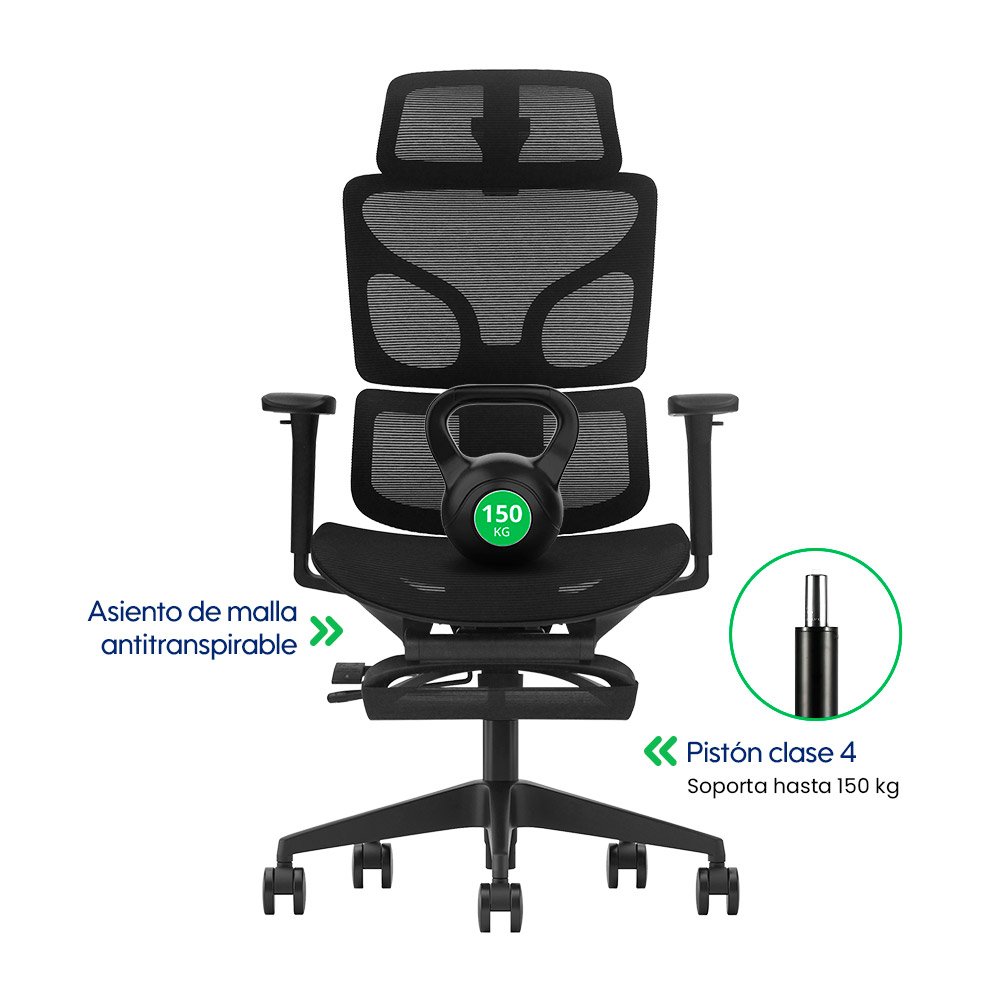 Flux > Silla Ergonómica Ejecutiva Full Mesh con Doble Soporte Lumbar y Reposapiés