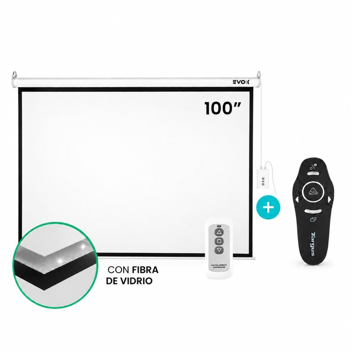 Combo Ecran Eléctrico Fibra de Vidrio Evox 100”+ Presentador Targus Control Max EcoSmart